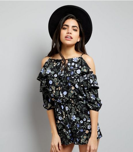 Blue Vanilla Black Floral Print Frill Trim Playsuit | New Look