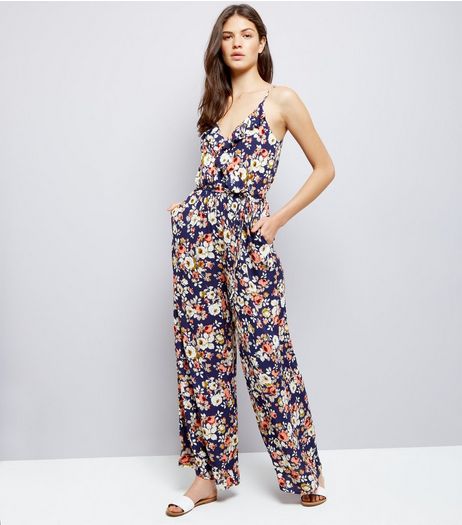 Blue Vanilla Navy Floral Print Wide Leg Jumpsuit | New Look