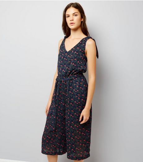Blue Vanilla Navy Floral Print Tie Strap Jumpsuit | New Look