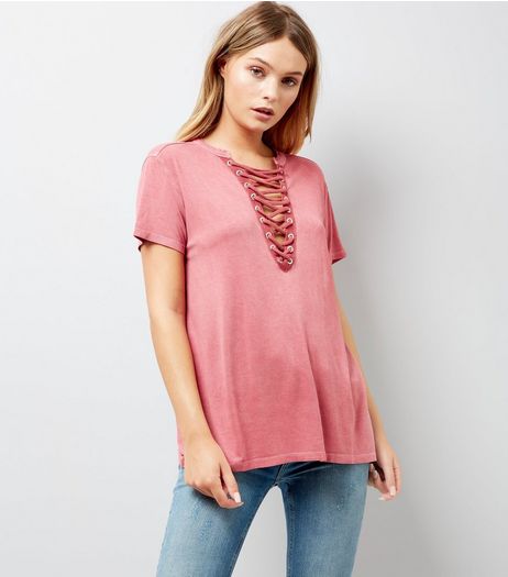 Burgundy Acid Wash Lattice Front T-Shirt | New Look