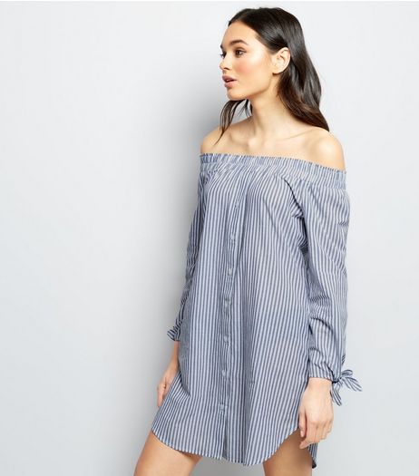 Innocence Blue Stripe Bardot Neck Shirt Dress | New Look