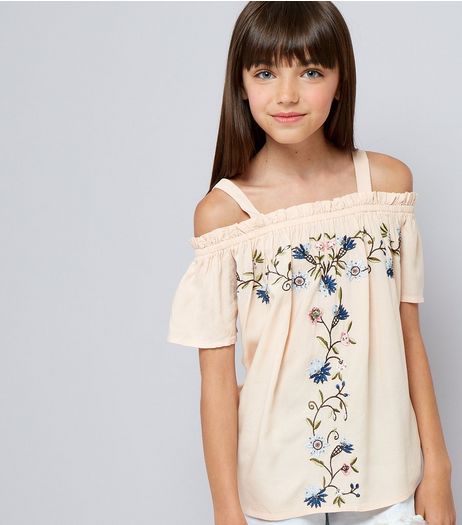 Teens Pink Floral Emboidered Shirred Cold Shoulder Top | New Look