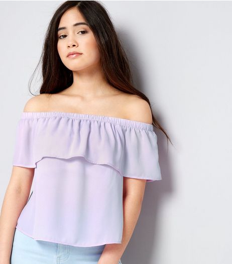 Teens Lilac Frill Trim Bardot Neck Top | New Look