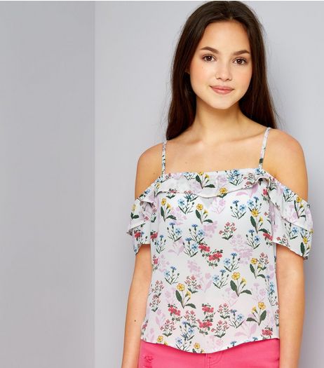 Teens White Floral Print Frill Trim Bardot Neck Top | New Look