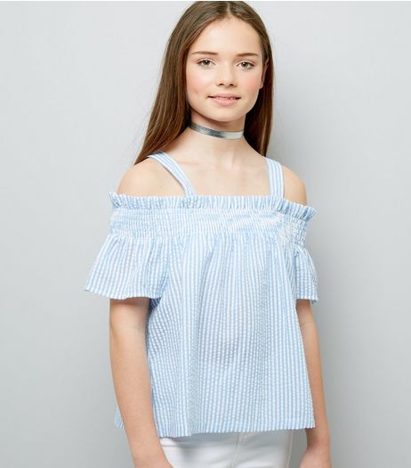 Teens Blue Stripe Seersucker Cold Shoulder Top | New Look