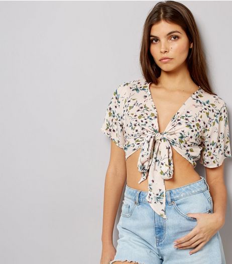 Pink Floral Print Tie Front Crop Top | New Look