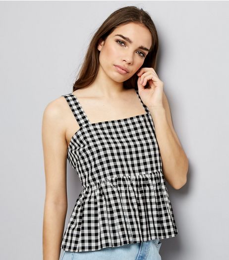 Black Gingham Check Peplum Hem Cami Top | New Look