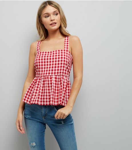 Red Gingham Check Peplum Hem Cami Top | New Look
