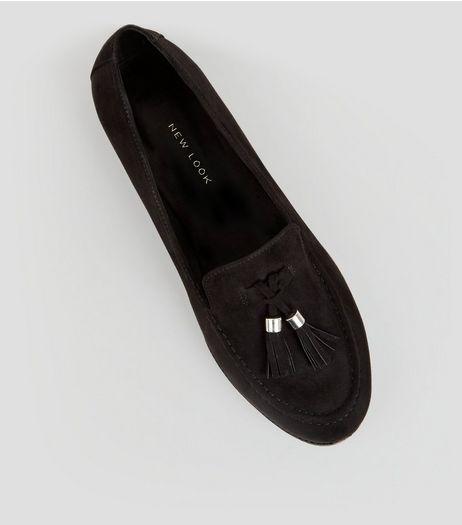 Wide Fit Black Suedette Tassel Front Loafers | New Look