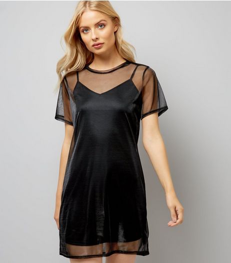 Black Mesh Overlay Dress | New Look