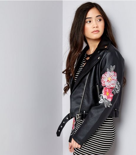 Teens Black Floral Embroidered Leather-Look Jacket | New Look