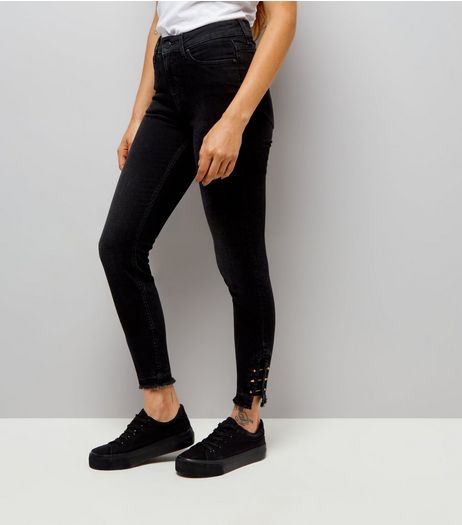 Black Pierced Hem Skinny Jeans | New Look