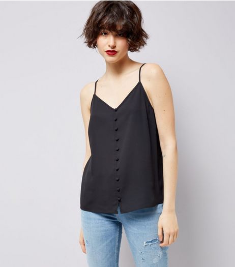 Black Button Front Cami Top | New Look