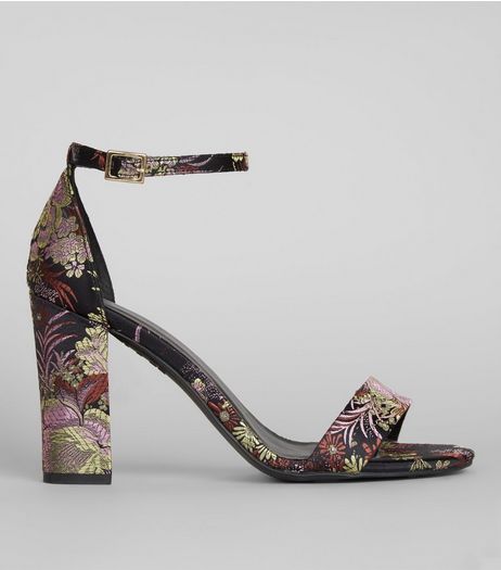 Black Floral Brocade Ankle Strap Heels | New Look