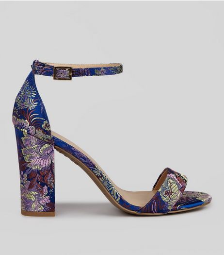 Blue Floral Brocade Heels | New Look
