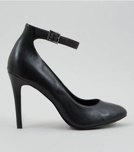Black Leather Ankle Strap Court Shoes | New Look