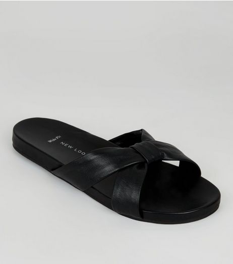 Wide Fit Black Leather Bow Strap Mules | New Look