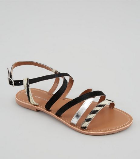 Wide Fit Black Animal Print Leather Strap Sandals | New Look