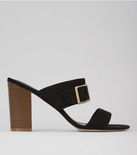 Wide Fit Black Buckle Trim Heeled Mules | New Look