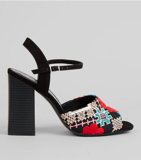 Wide Fit Black Embroidered Heeled Mules | New Look