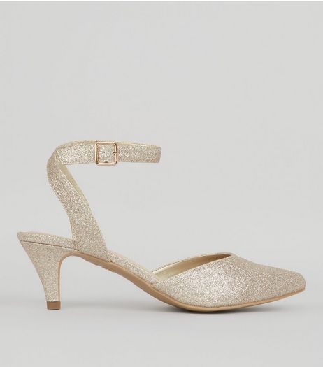 Wide Fit Gold Comfort Glitter Kitten Heels | New Look