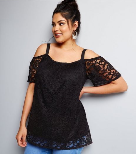 Curves Black Lace Cold Shoulder Bardot Neck Top | New Look