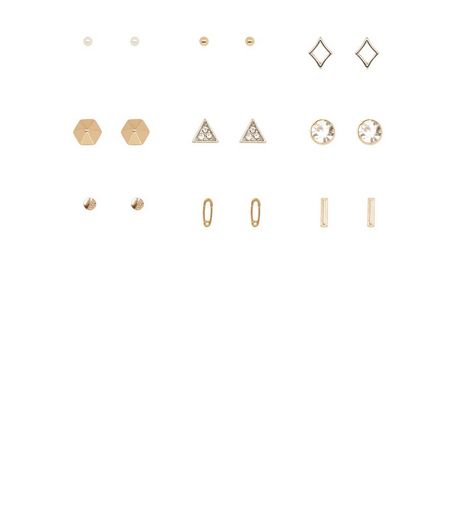 9 Pack Gold Safety Pin Pearl Design Stud Earrings | New Look