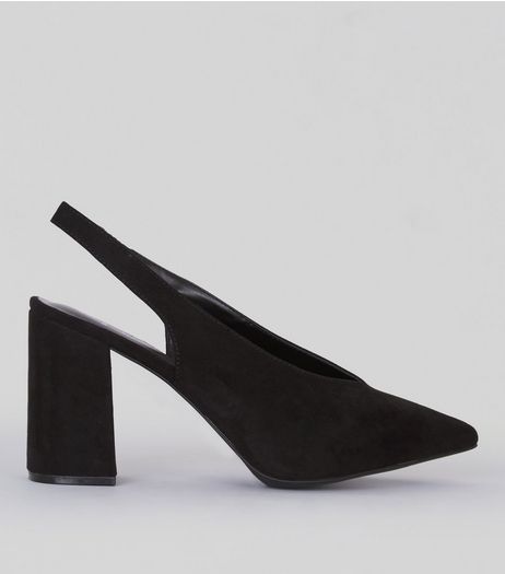 Wide Fit Black Suedette Pointed Sling Back Heels | New Look