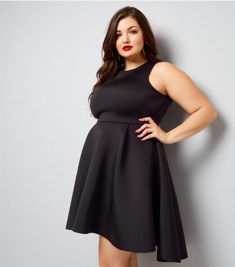 Curves Black Scuba Dip Hem Skater Dress | New Look