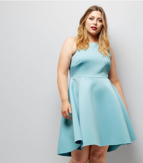 Curves Pale Blue Scuba Dip Hem Skater Dress | New Look