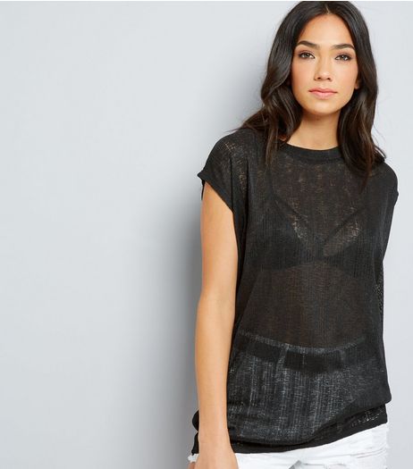 Black Textured Longline T-Shirt | New Look