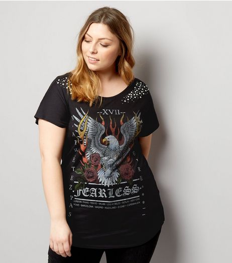 Curves Black Beaded Eagle Print T-Shirt | New Look