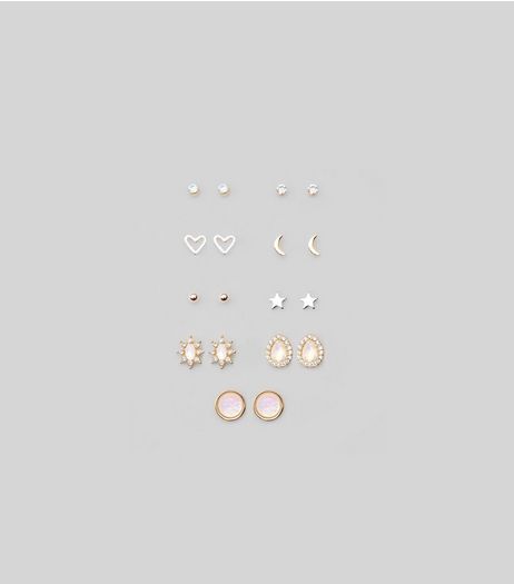 9 Pack Silver and Gold Iridescent Stone Stud Earrings | New Look