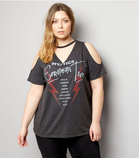 Curves Grey Mystics Rock Band Cold Shoulder T-Shirt | New Look
