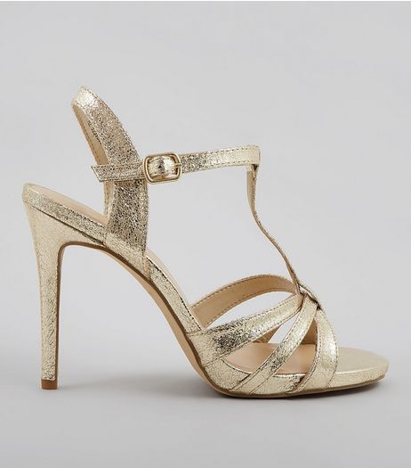 Wide Fit Gold Multi Strap T Bar Heeled Sandals | New Look