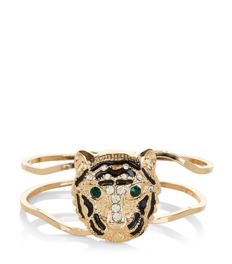 Gold Tiger Head Hinge Bracelet | New Look