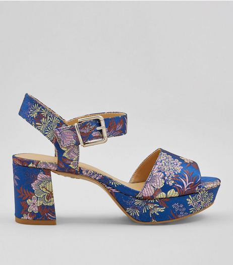 Teens Blue Floral Brocade Platform Heels | New Look