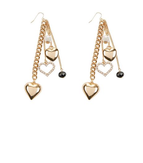 Gold Heart and Pearl Chain Drop Earrings | New Look