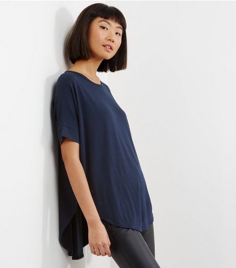 Apricot Navy Roll Sleeve Curve Hem Top | New Look