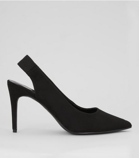 Black Suedette Sling Back Pointed Heels | New Look