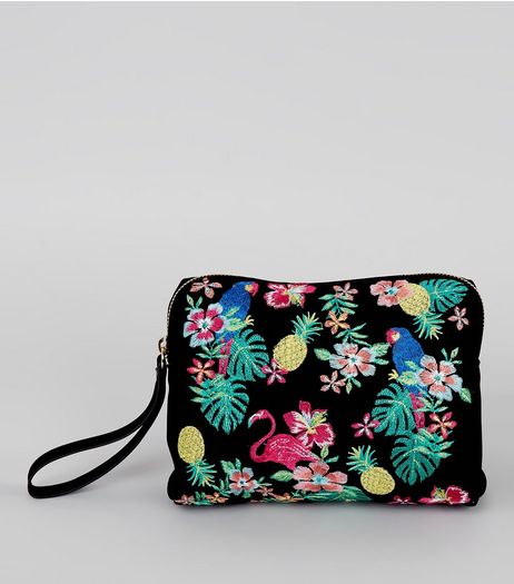 Black Suedette Floral Embroidered Pouch | New Look