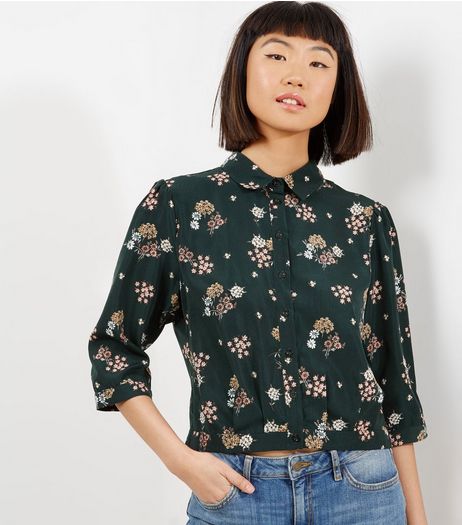 Apricot Green Ditsy Floral Print 3/4 Sleeve Cropped Shirt | New Look