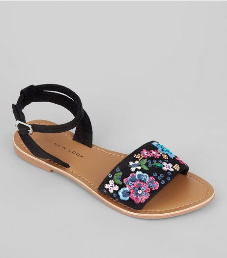 Teens Black Sequin Floral Embroidered Suedette Sandals | New Look
