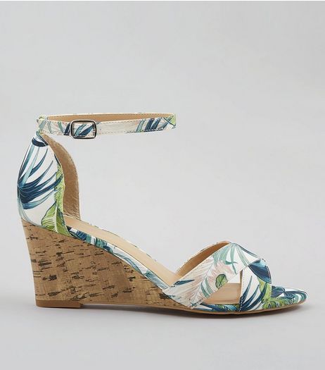 Green Tropical Print Cork Wedge Heels | New Look
