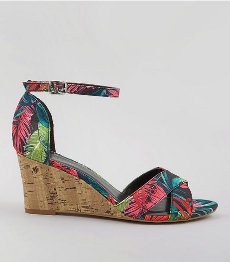 Pink Tropical Print Cork Wedge Heels | New Look