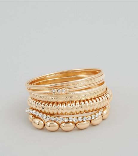 8 Pack Gold Diamante Bead Bangles | New Look