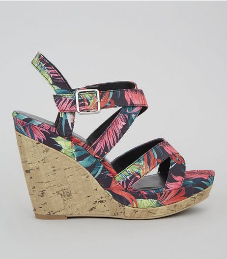 Navy Floral Printed Cork Wedge Heels | New Look