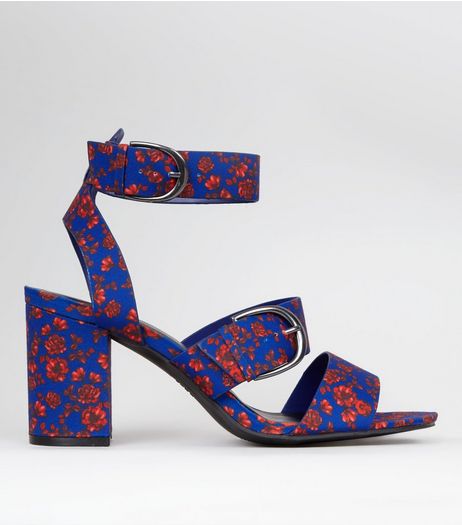 Blue Floral Print Multi Strap Chunky Block Heels | New Look