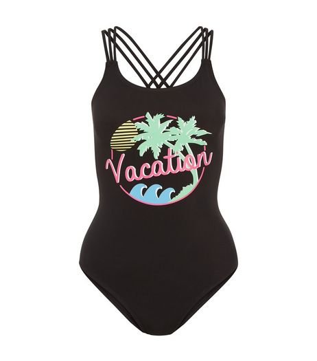 Teens Black Vacation Print Swimsuit | New Look