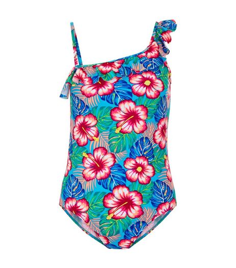 Teens Green Tropical Print One Shoulder Swimsuit | New Look